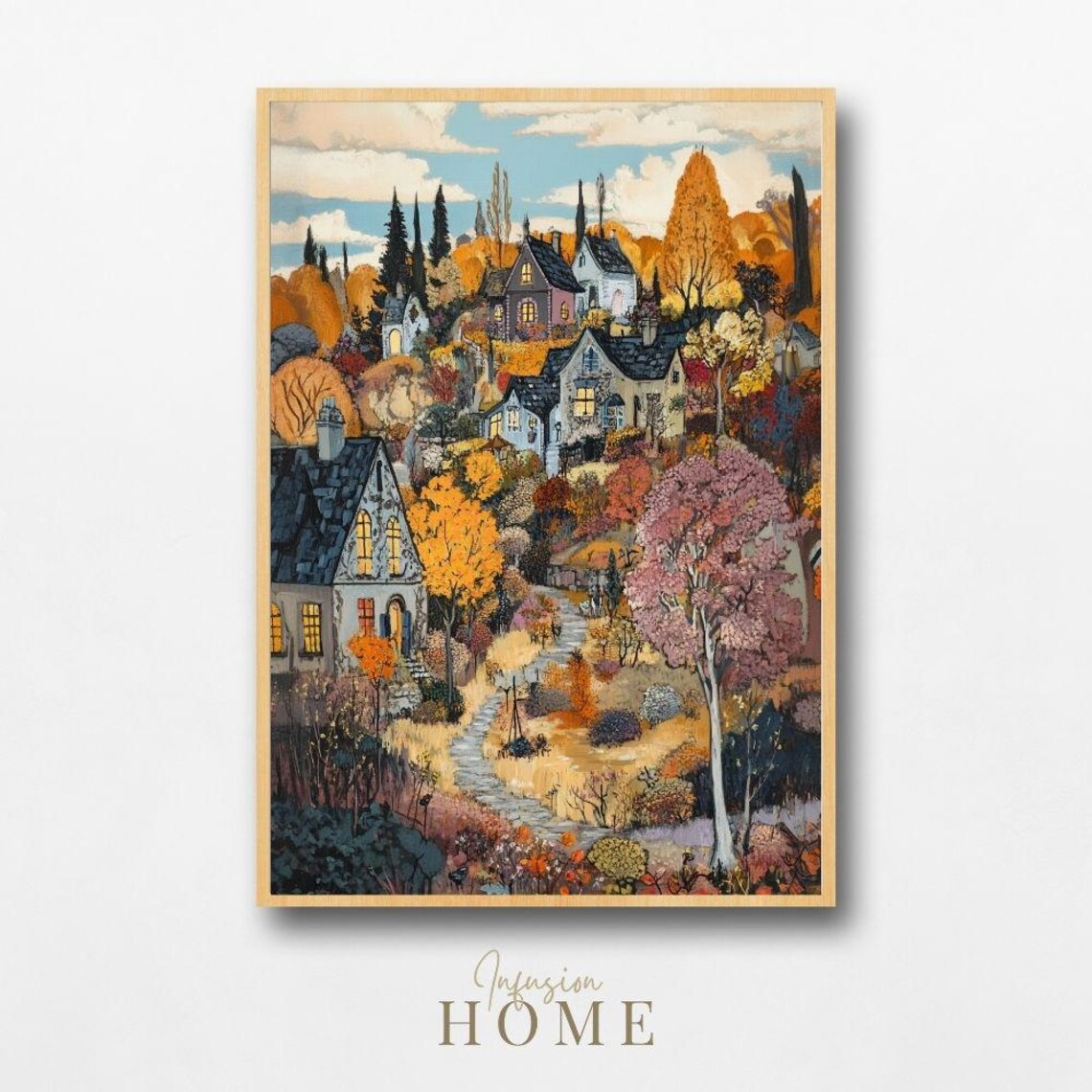 Autumn Village Cottages Whimsical Storybook Landscape Art Poster
