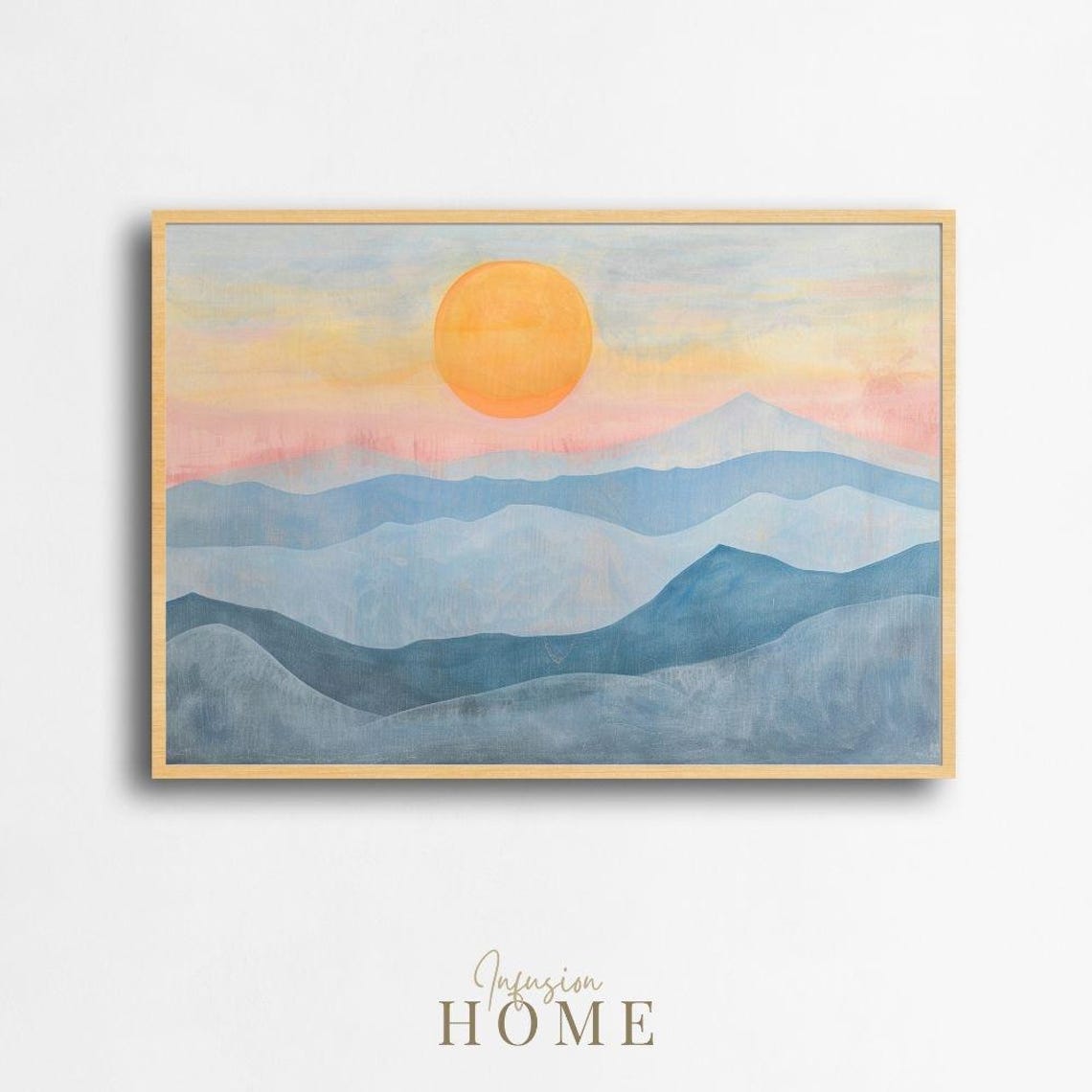 Pastel Sunrise Over Blue Mountain Layers Minimalist Art Poster