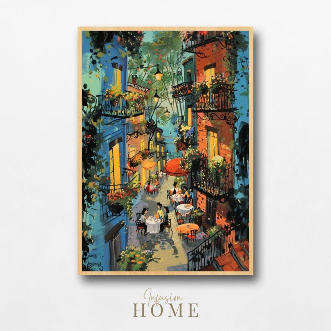Romantic European Cafe Alley Village Diners Balcony Scene Poster