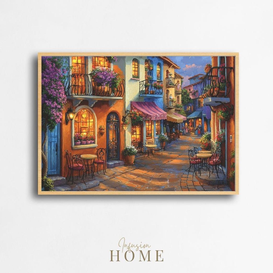 European Village Street Lanternlit Cafe Evening Painting Poster