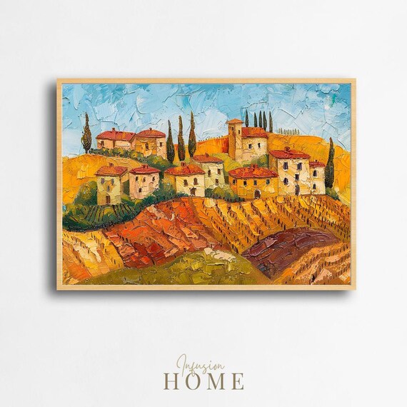 Tuscan Vineyard Village Autumn Hills Oil Painting Style Poster Sunset