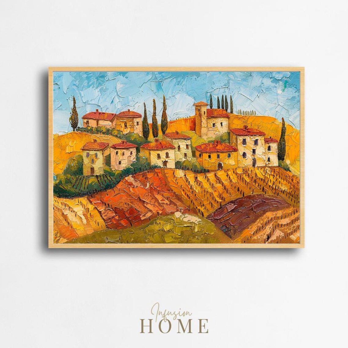 Tuscan Vineyard Village Autumn Hills Oil Painting Style Poster Sunset