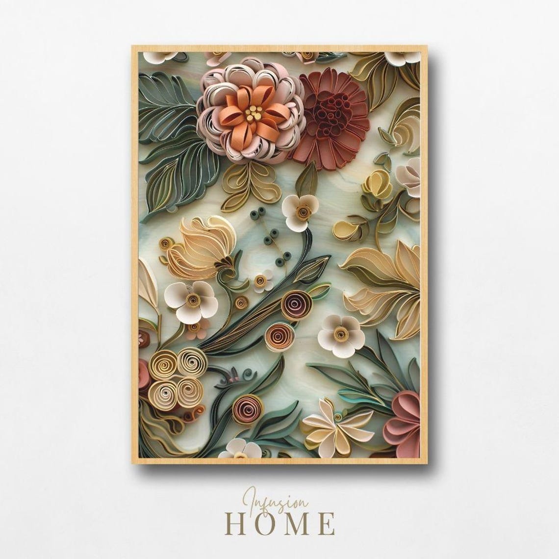 Paper Quilling Floral Art Print with Warm Terracotta 3D Flower Design