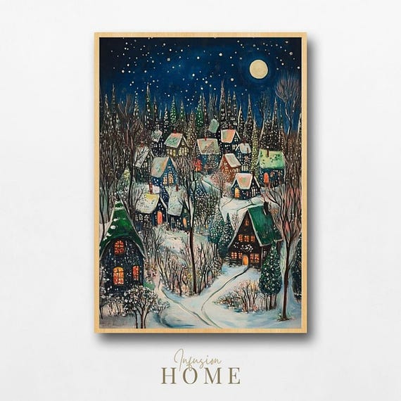 Moonlit Winter Village Art Print Snowy Cottage Decor