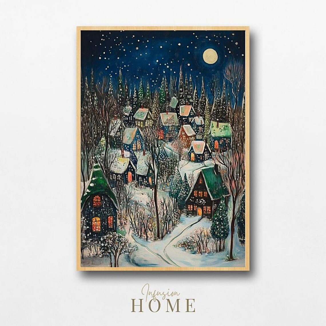 Moonlit Snowy Village Winter Night Cozy Houses Painting Poster
