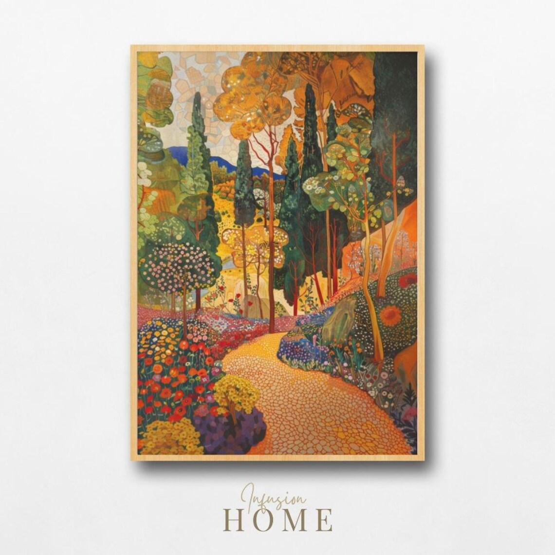 Colorful Mediterranean Garden Path Cypress Trees Painting Poster