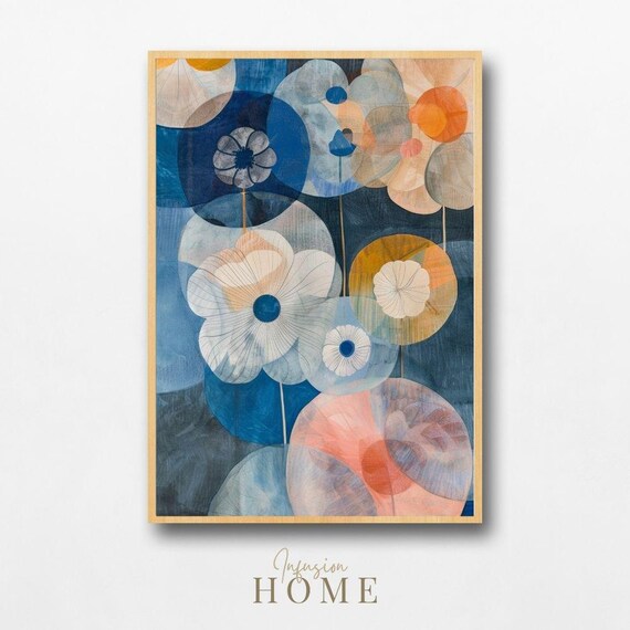 Nordic Floral Print Blue Coral Orange Wildflowers