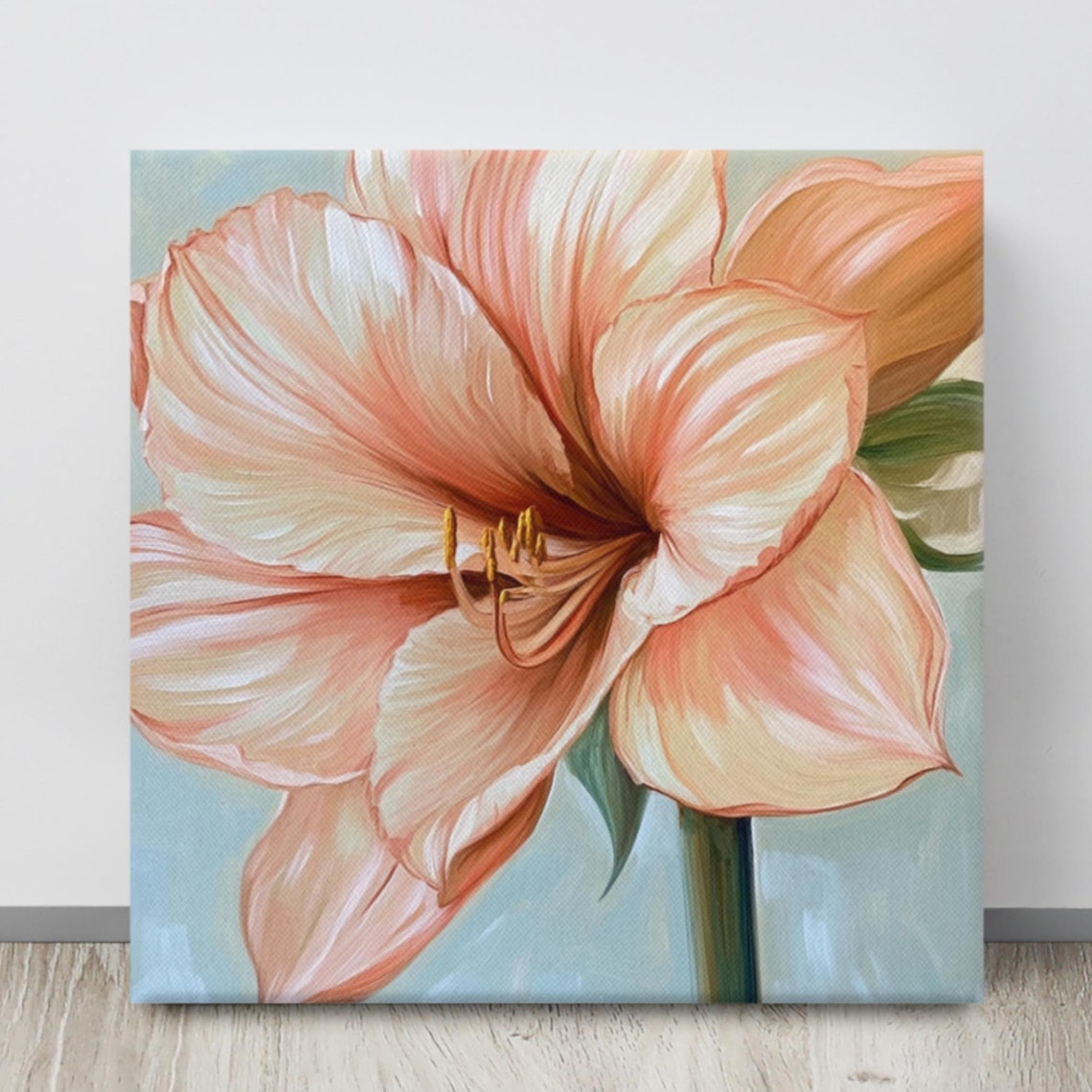 Peach Pink Amaryllis Bloom Close-Up Gold Stamen Floral Art Poster