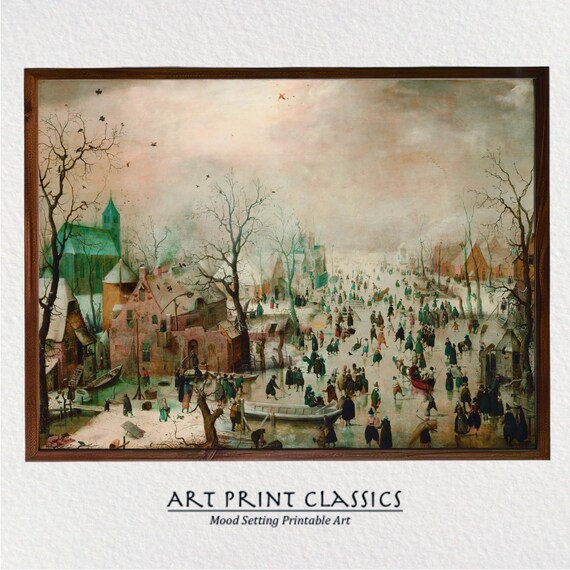 Winter Landscape Moody Cold Season Village Scene European Ice Skaters Art Busy Villagers Wall Art Na19