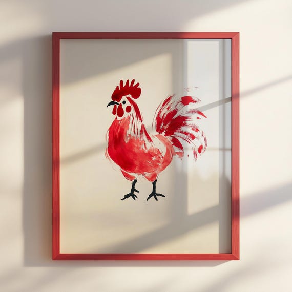 Sumie Rooster Print Japanese Ink Wash Painting Minimalist Farmhouse Wall Art Zen Animal Poster Elegant Brushstroke
