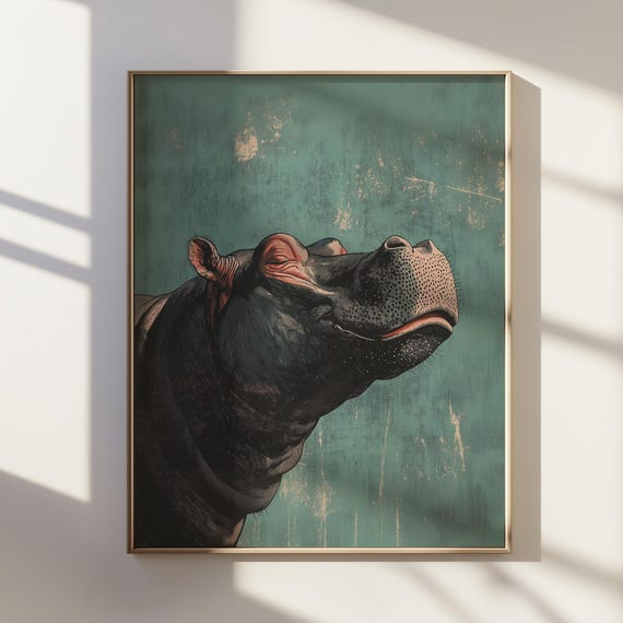 Smiling Hippopotamus Portrait Ukiyoe Style Relaxed Hippo Art Animal Lover Decor Peaceful Wall Natureinspired Home
