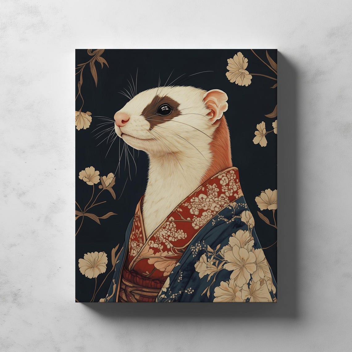 Ferret in Kimono Japanese Floral Dark Portrait Funny Art Poster - Image 4