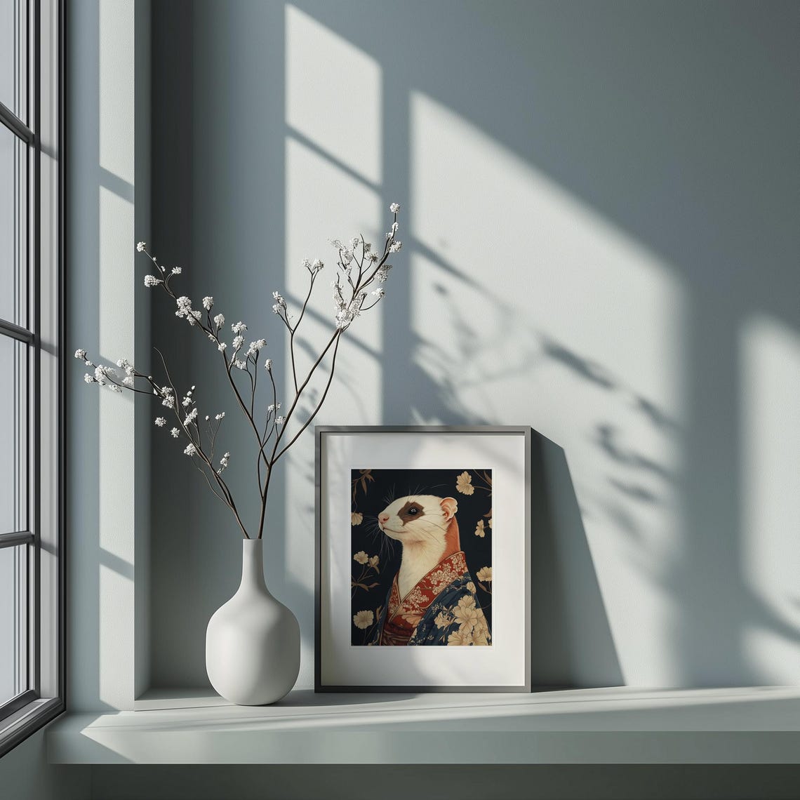 Ferret in Kimono Japanese Floral Dark Portrait Funny Art Poster - Image 5