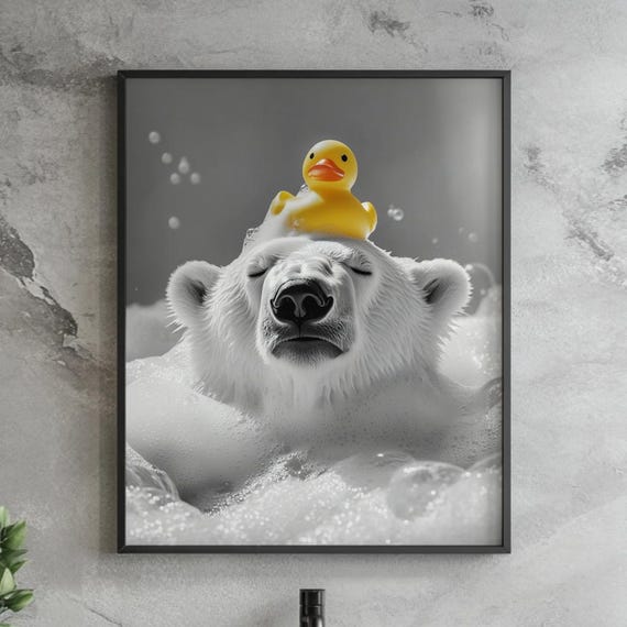 Funny Polar Bear Bubble Bath Print Black And White Bathroom Wall Art Quirky Wildlife Photography Rubber Duck Arctic Animal Poster