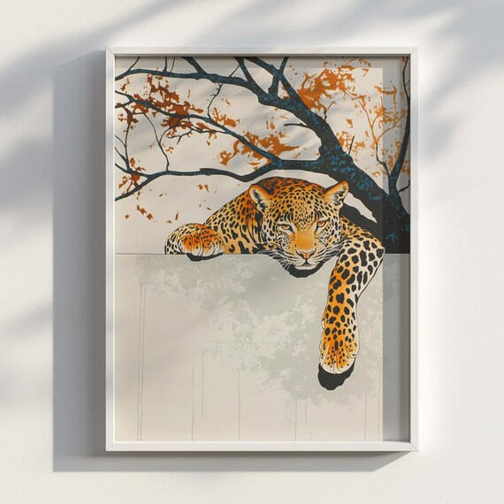 Leopard Lithograph Rosette Spots Lounging Vintage Wildlife Art Poster