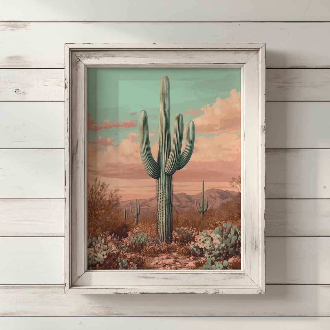 Saguaro Cactus Desert Sunset Retro Pink Sky Landscape Poster