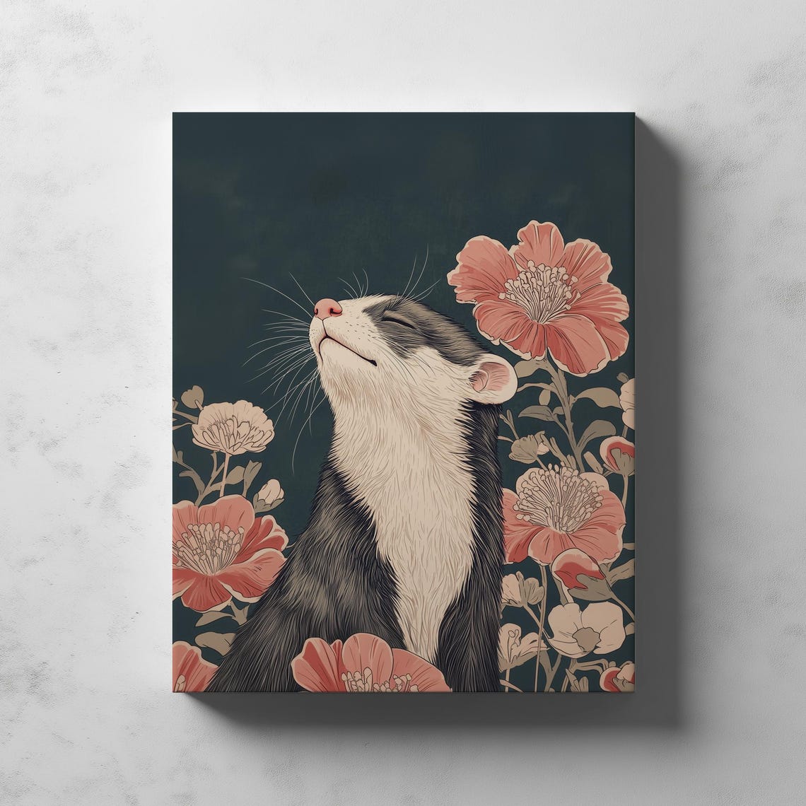 Smiling Ferret Among Pink Blossoms Ukiyoe Floral Ink Art Poster - Image 4