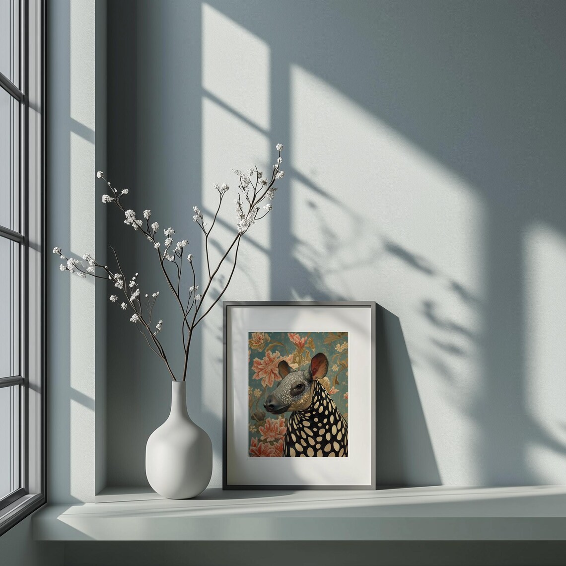 Spotted Tapir Portrait Floral Teal Jungle Flower Animal Art Poster - Image 4