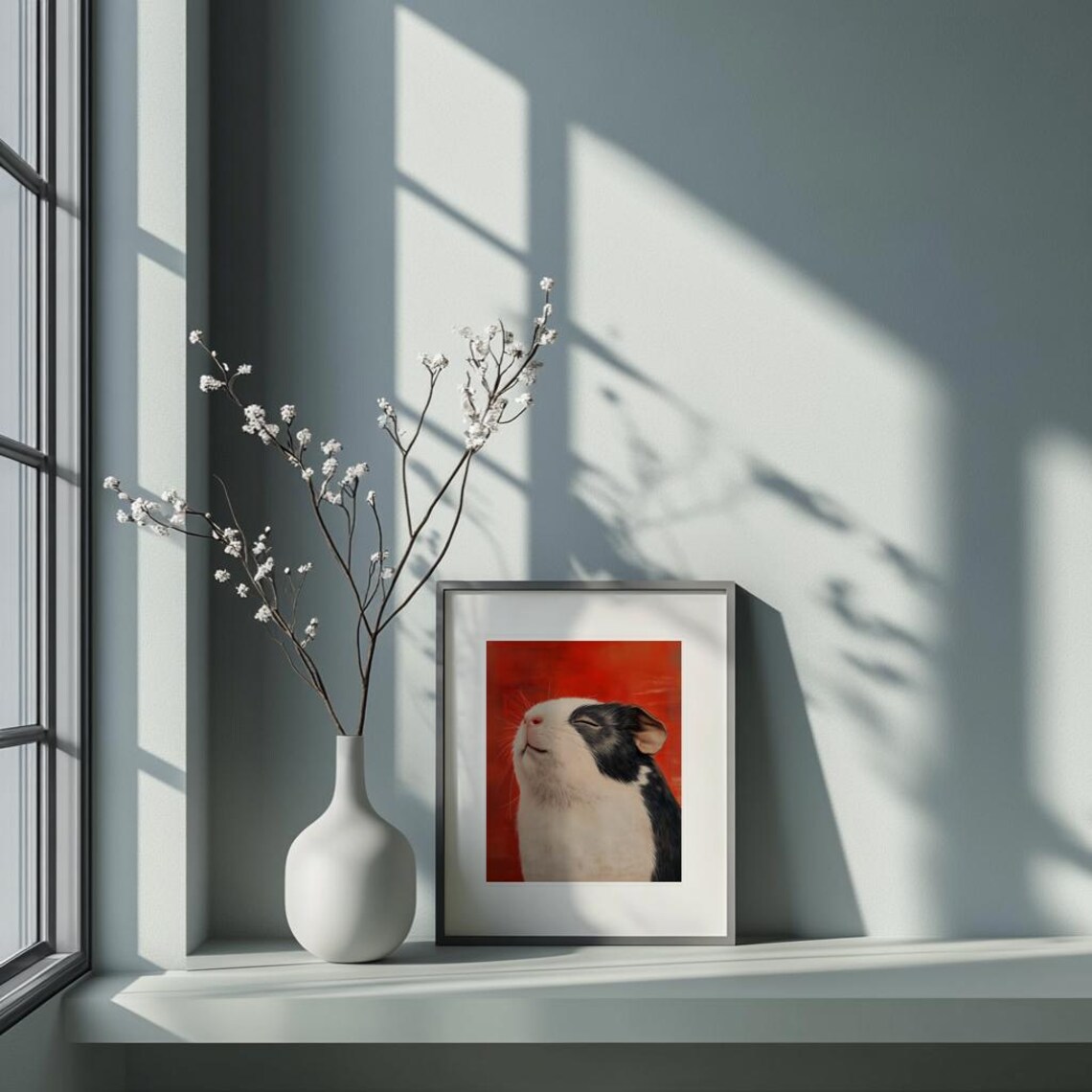 Blissful Guinea Pig Portrait Red Japanese Ink Style Animal Poster - Image 2