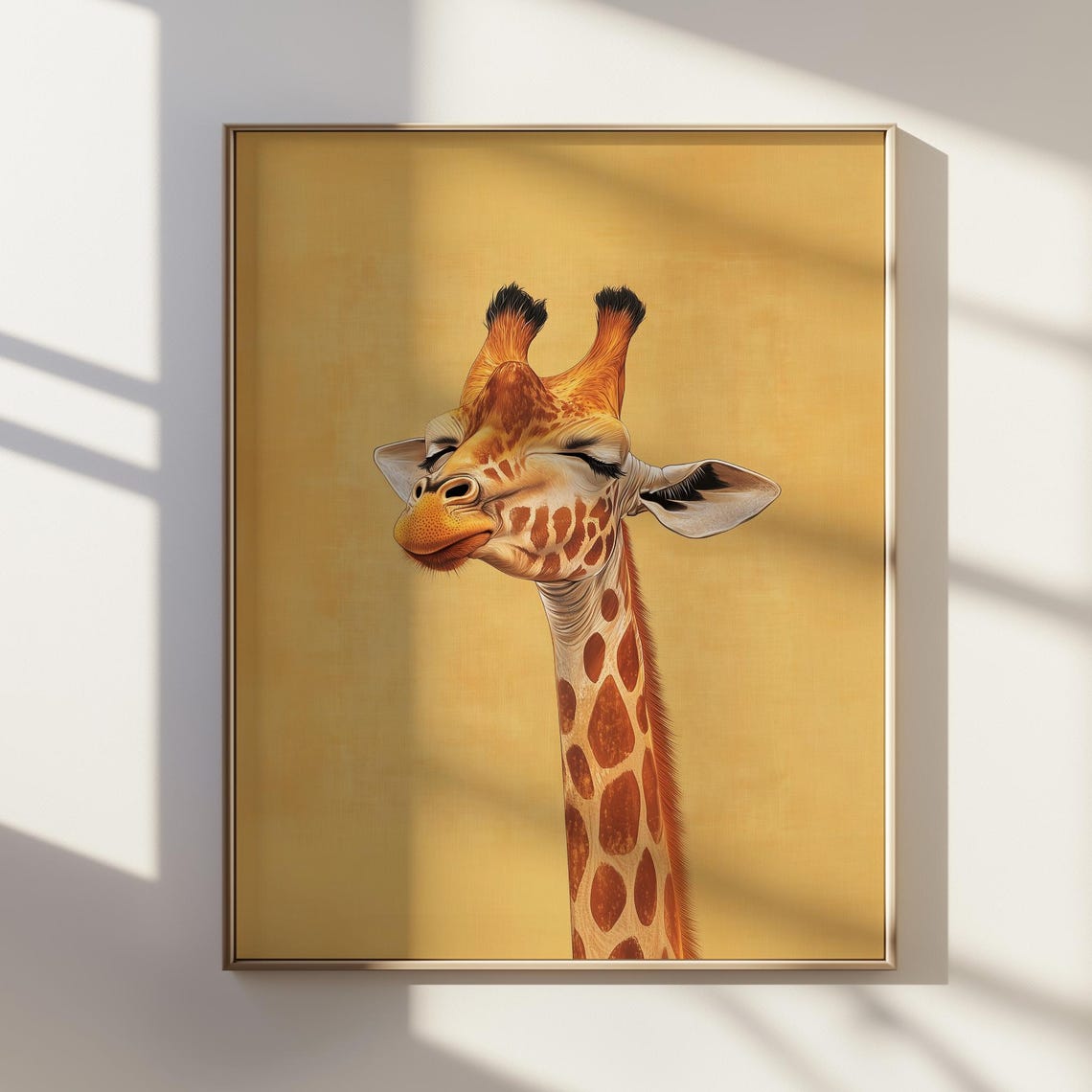 Smiling Giraffe Portrait Playful Ukiyoe Style Art Minimalist Animal Whimsical Artwork Wall Decor