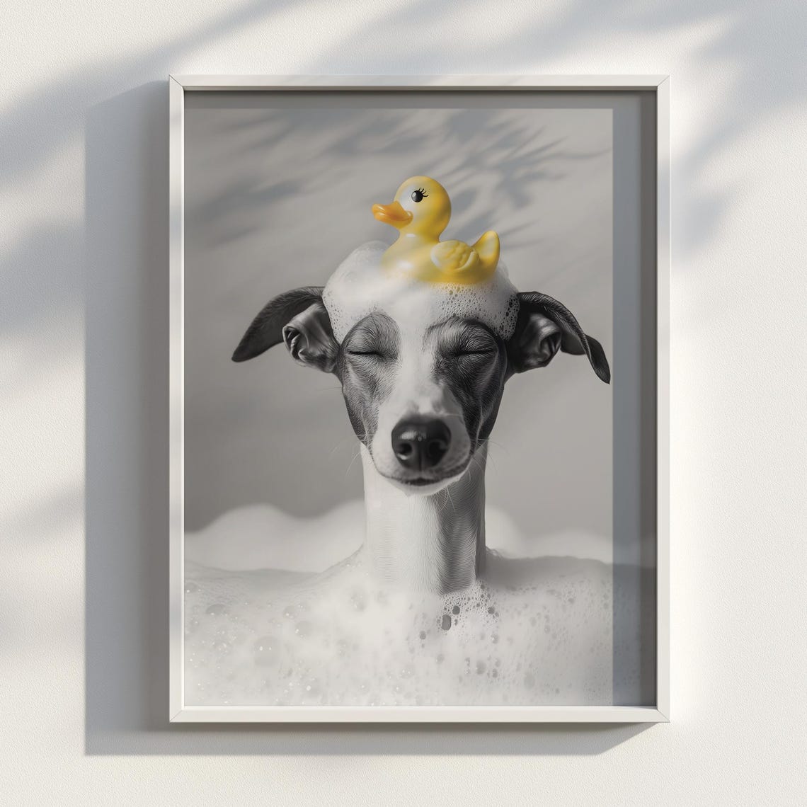 Whippet Bubble Bath Yellow Rubber Duck Fun Dog Bathroom Poster