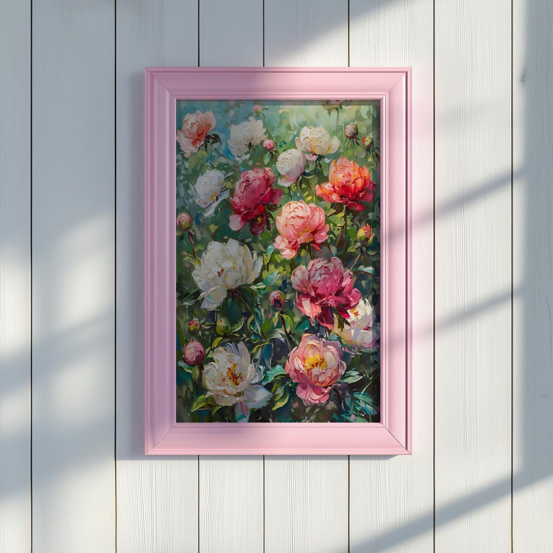 Pretty Pink and White Peonies in a Lush Garden Oil Painting Poster