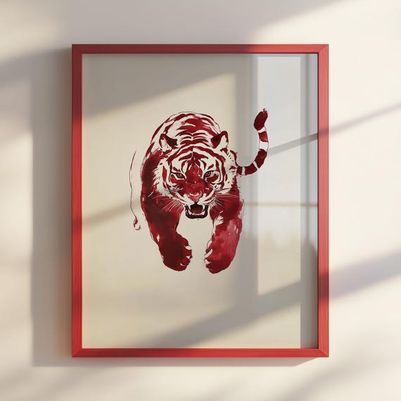 Red Ink Sumie Tiger Painting Fierce And Powerful Japanese Art Bold Artwork Minimalist Animal Wild Wall Decor