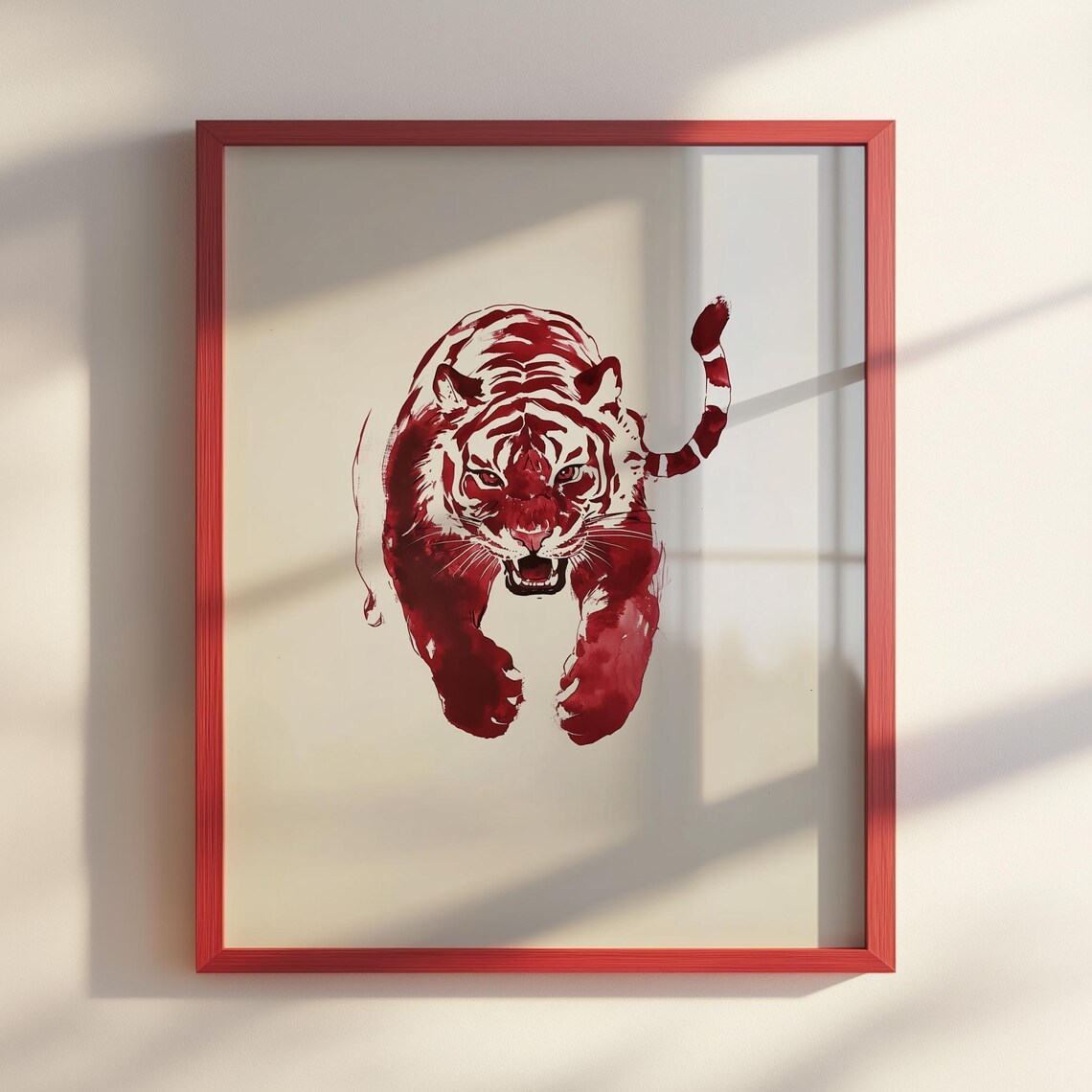 Red Ink Sumi Tiger Walking Brush Painting Fierce Japanese Style Poster