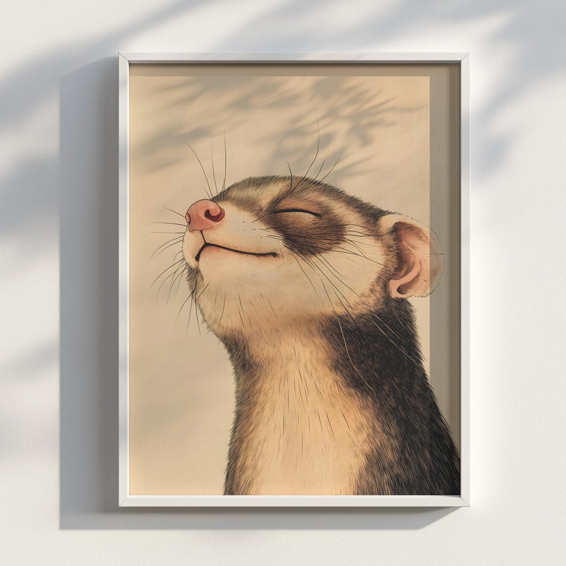 Smiling Ferret Portrait Japanese Ukiyoe Ink Style Animal Art Poster