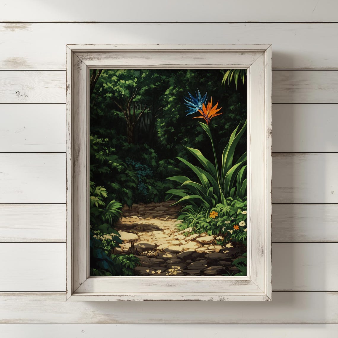 Bird Of Paradise Flower Lush Jungle Sunlit Path Tropical Art Poster