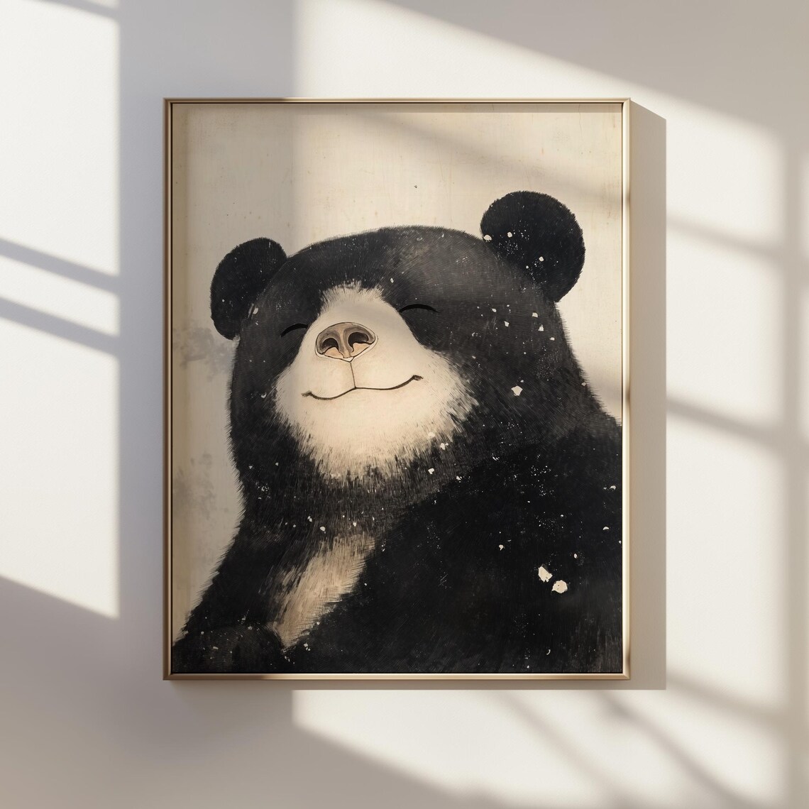 Smiling Black Bear Japanese Sumi Ink Ukiyoe Style Animal Poster
