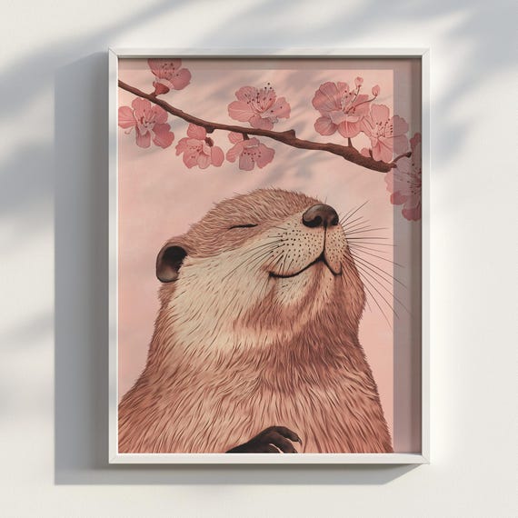 Beaver Ukiyoe Japanese Animal Wall Art Cherry Blossom Print Japandi Wabi Sabi Calm Nature Illustration Decor Portrait