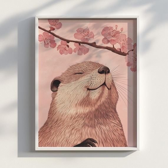 Smiling Otter Cherry Blossom Japanese Ink Style Animal Wall Art