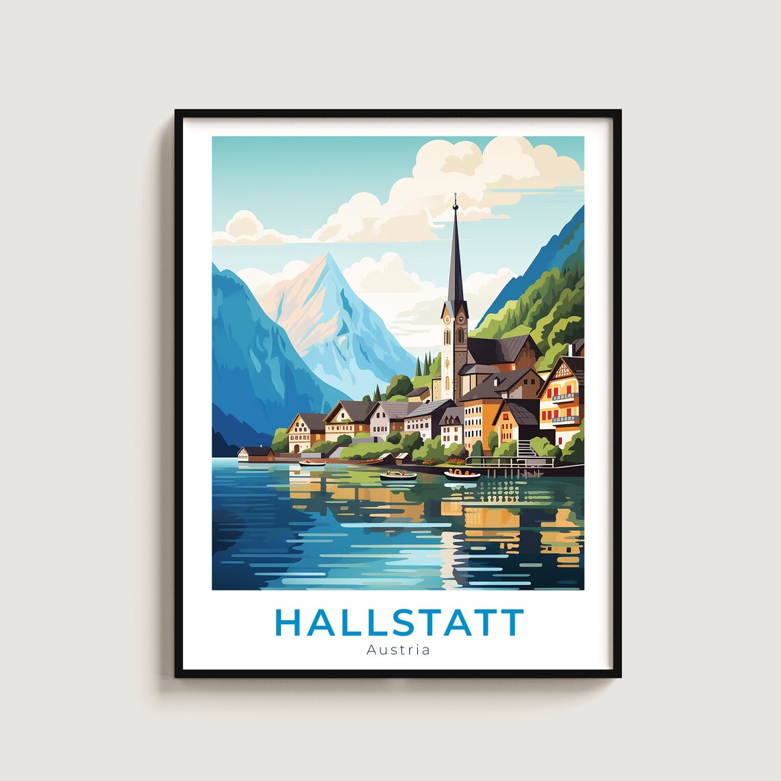 Hallstatt Austria Lakeside Mountain Village Vintage Travel Poster