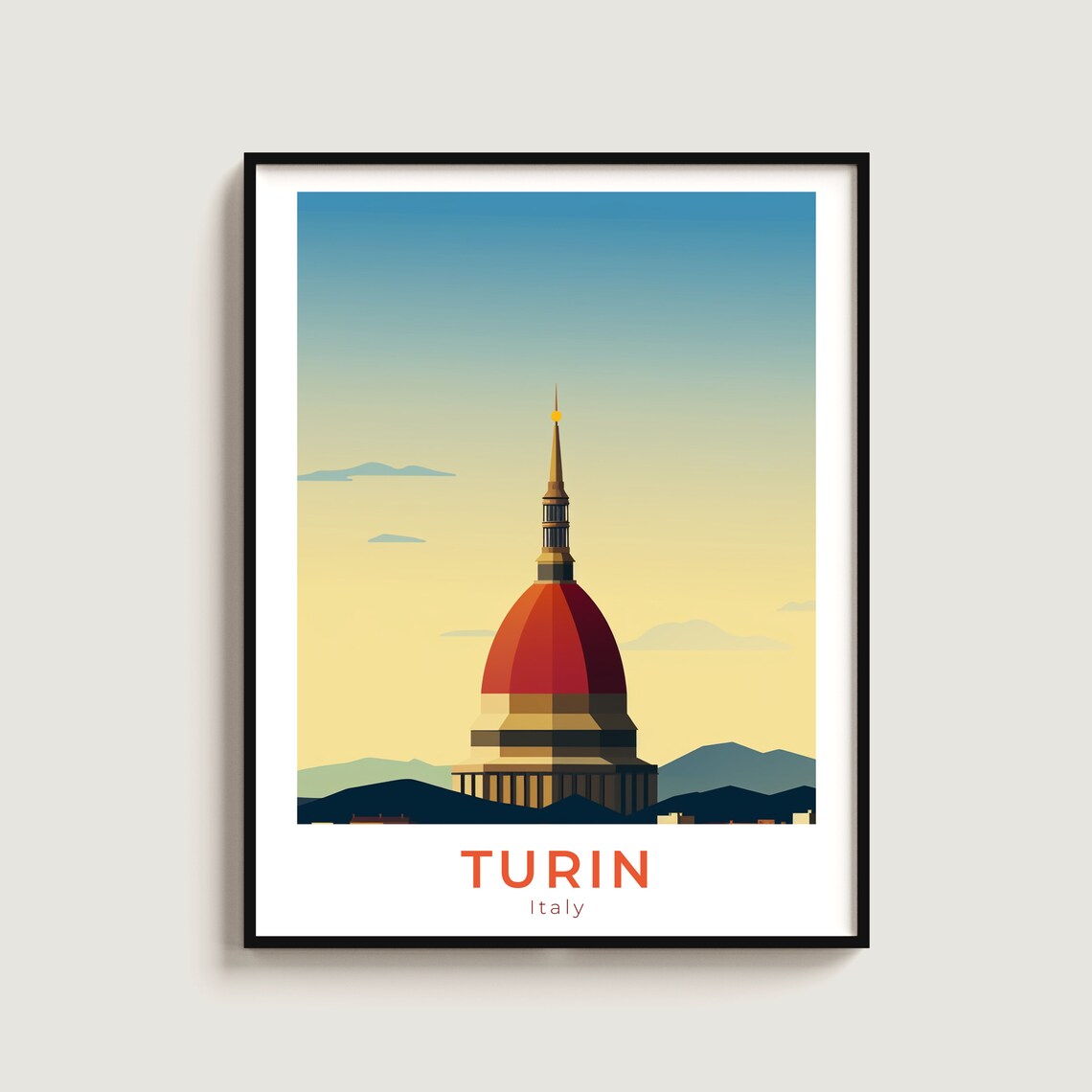 Turin Italy Mole Antonelliana Dome Sunset Vintage Travel Poster