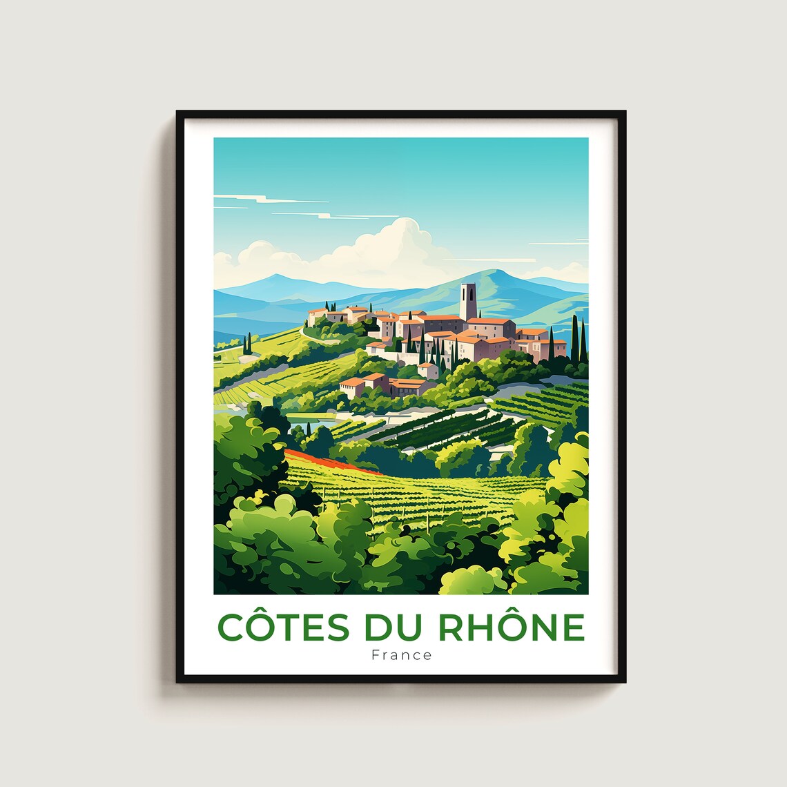 Côtes du Rhône France Travel Poster Vineyard Hilltop Village