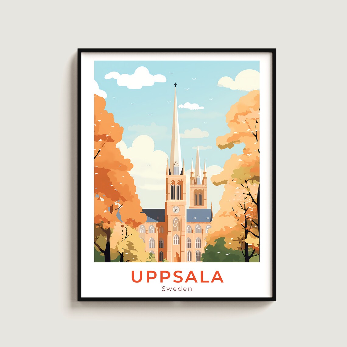 Uppsala Sweden Cathedral Golden Autumn Trees Vintage Travel Poster