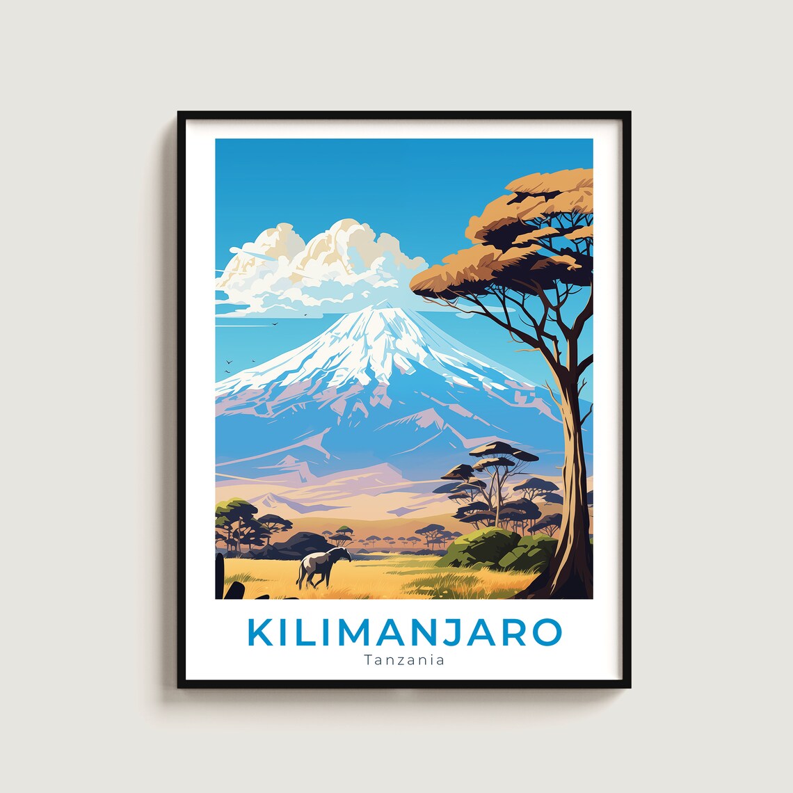 Mount Kilimanjaro Tanzania Savanna Wildlife Vintage Travel Poster