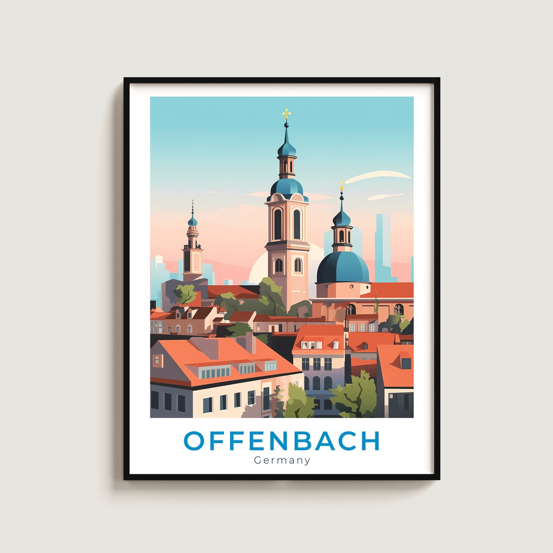 Offenbach Germany City Skyline Travel Poster of Historic Church Domes