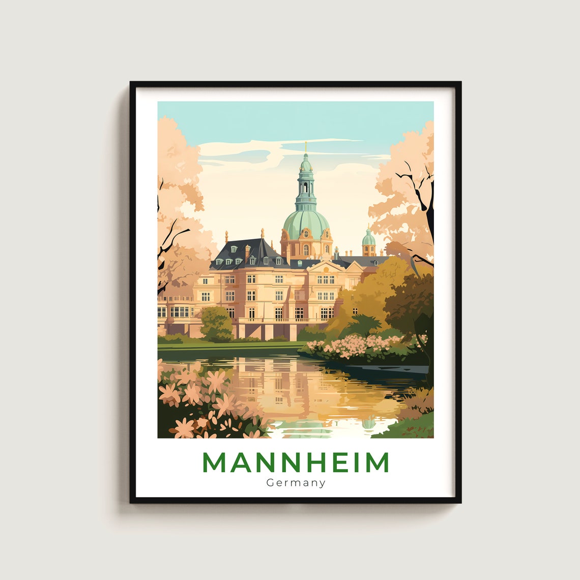 Mannheim Palace Autumn Trees Lake Reflection Landmark Travel Poster