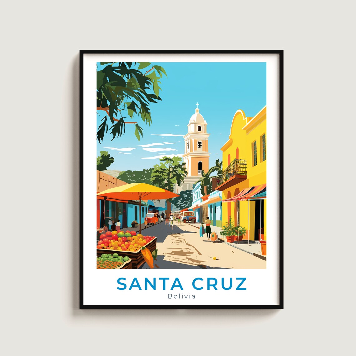 Santa Cruz Bolivia Vintage Travel Poster Colonial Market Street Scene