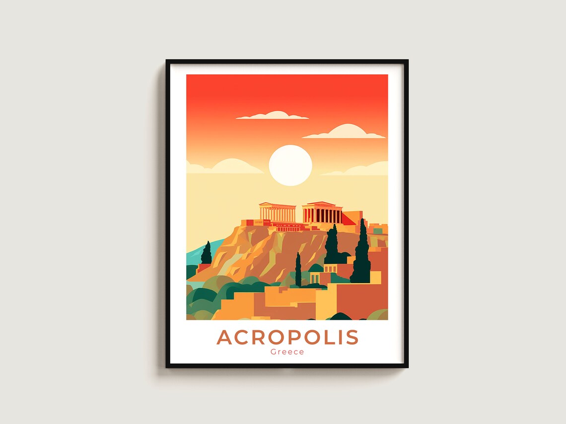 Acropolis Greece Citadel Sunset Bold Orange Sky Vintage Travel Poster
