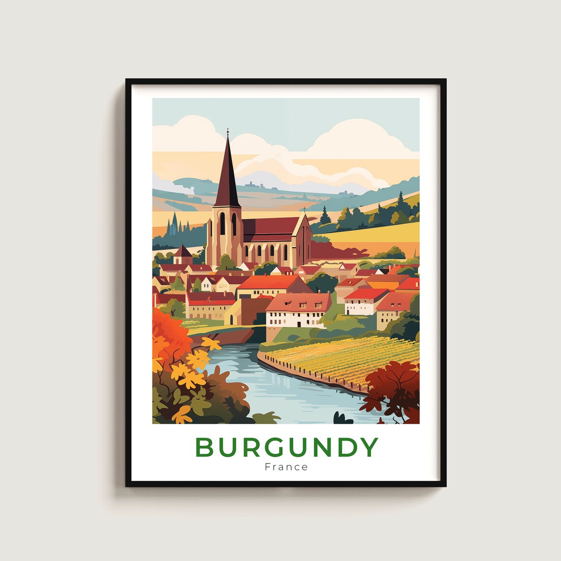 Burgundy France Travel Poster Riverside Church Autumn Vineyard Scene