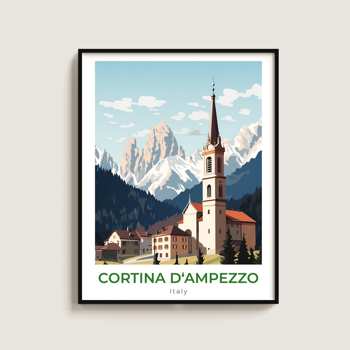 Cortina D'Ampezzo Italy Dolomites Church Peaks Travel Poster Art