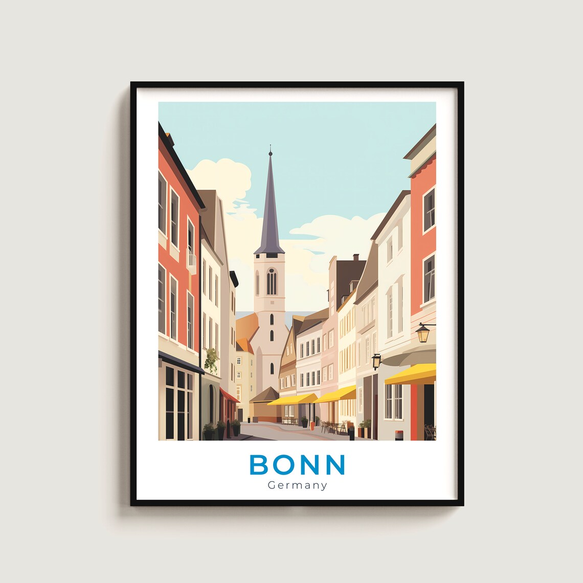 Bonn Old Town Street Church Spire Cafes Illustrated Travel Poster