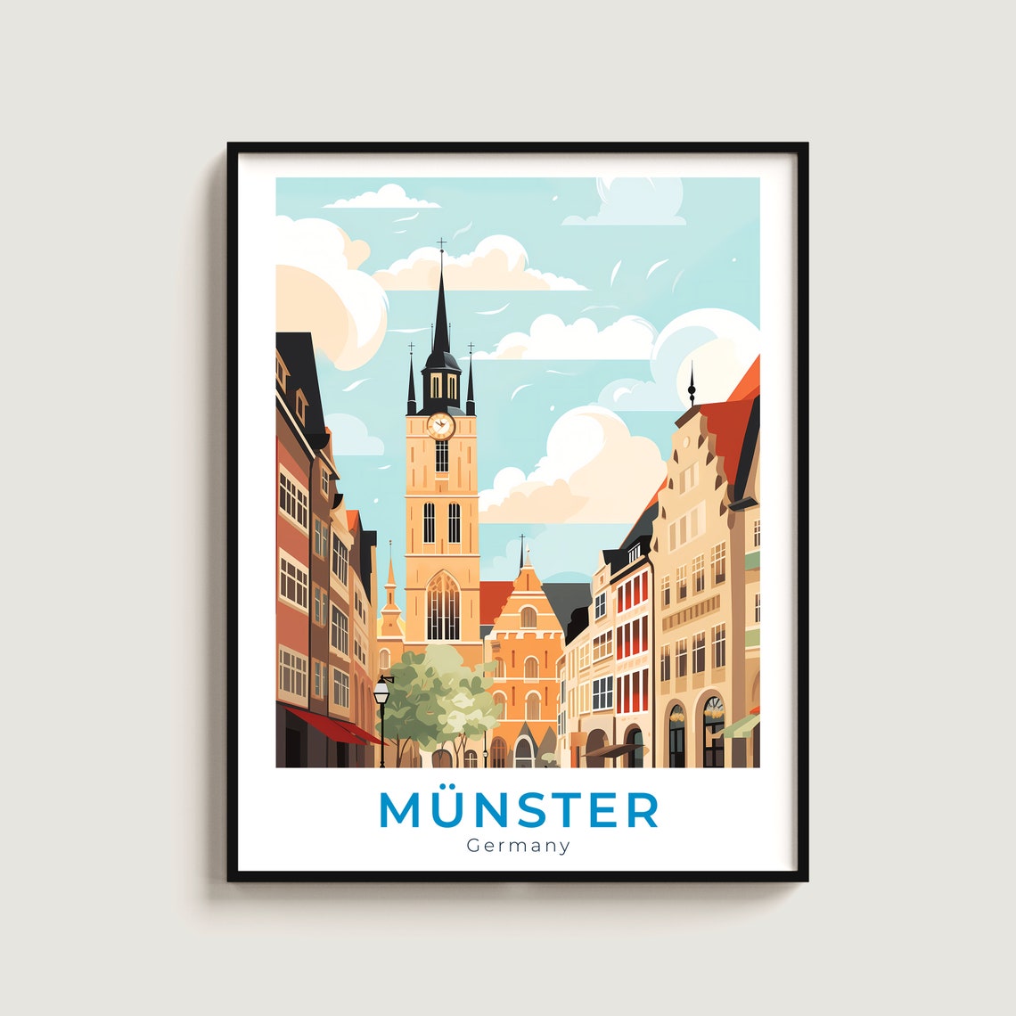 Munster Old Town Clock Tower Street Travel Poster Germany Art