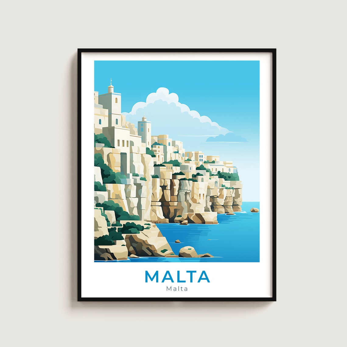 Malta Cliffside Old Town Turquoise Sea View Vintage Travel Poster