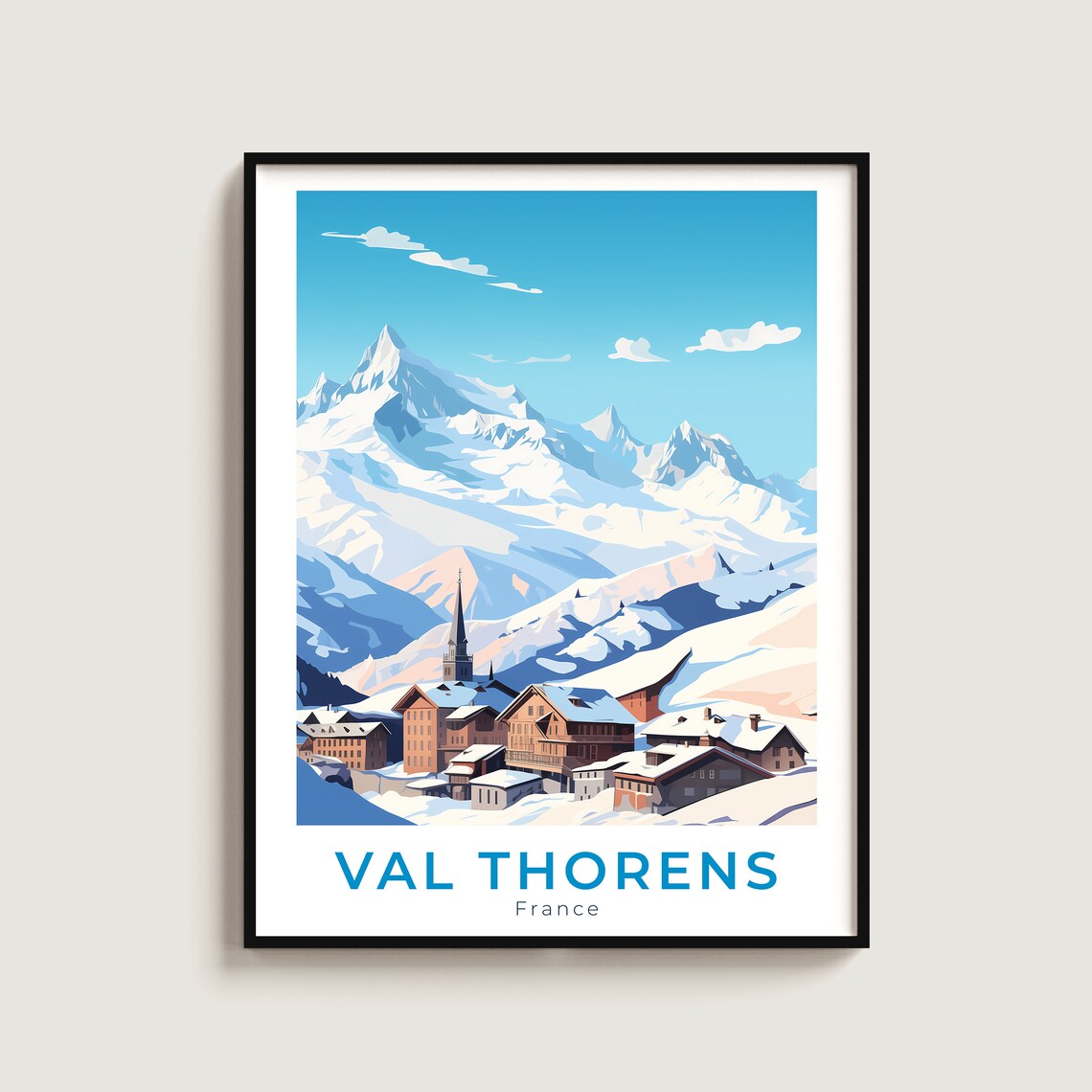 Val Thorens France Alpine Village Church Snowy Peaks Ski Travel Poster