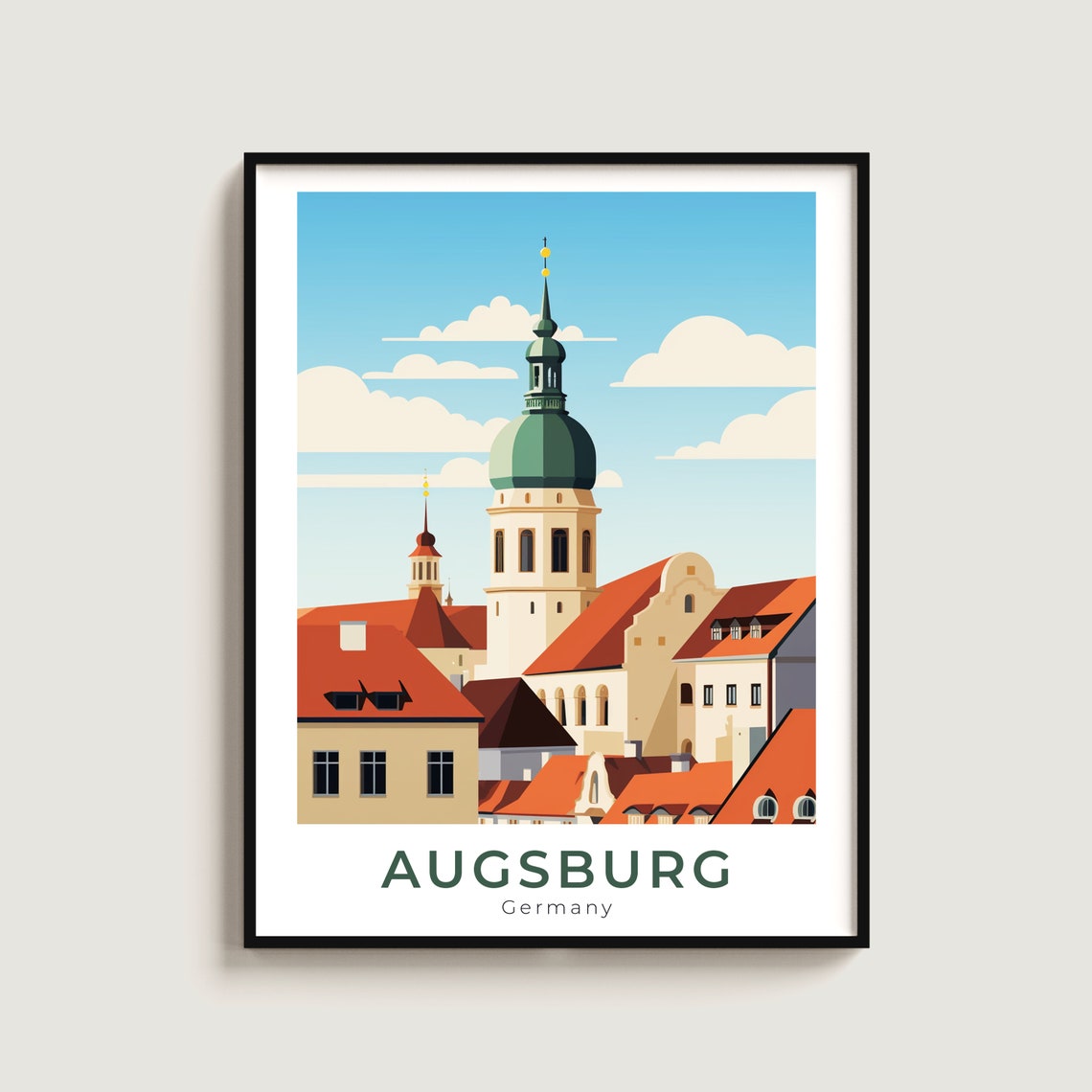 Augsburg Germany Rooftops Green Dome Tower Travel Poster Home Decor