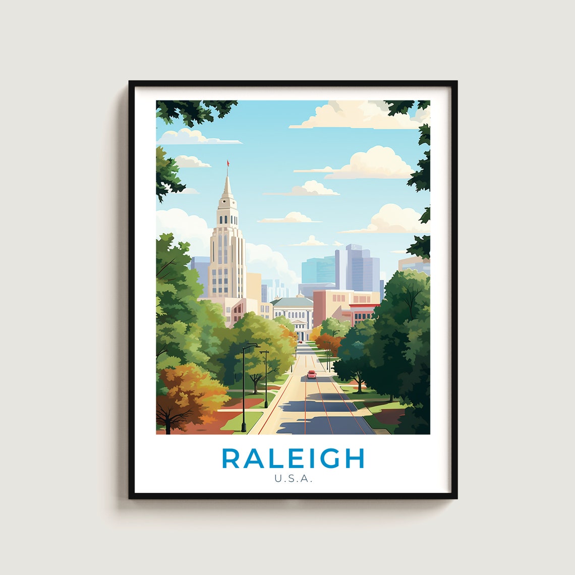Raleigh North Carolina Downtown Skyline Boulevard Travel Poster